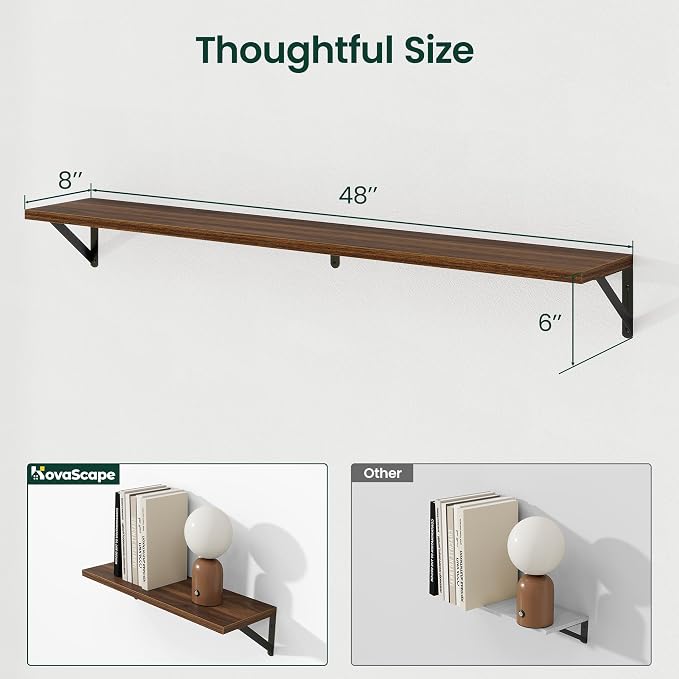 Floating Shelves 8 Inch Deep, 48W x 8D Wall Shelf Set of 2, 70 lbs Heavy Duty Reversible Metal Brackets, Industrial Book Shelf for Living Room Kitchen Bathroom Bedroom Gallery Wall, Walnut