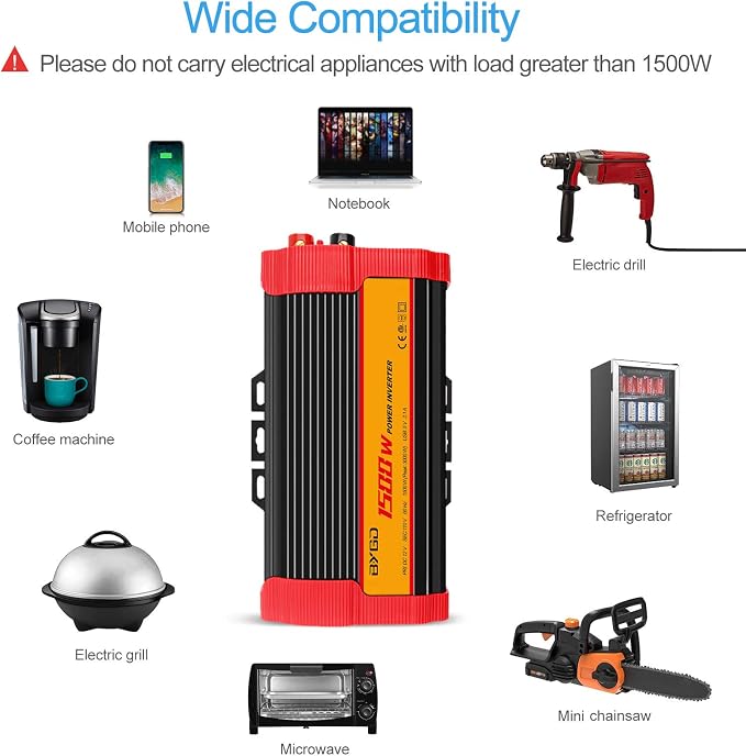 BYGD 1500W Power Inverter DC 12V to 110V AC Converter and Peak Power 3000W Car Inverter with 4.2A Dual USB Ports Quick Charging Car Charger, Solar Inverter ETL Listed