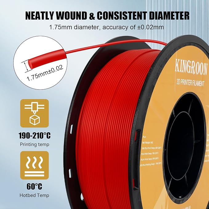 Kingroon High Speed PLA 3D Printer Filament 1.75mm, 3D Printer Rapid Filament for 30-600mm/s Hyper Printing Filament, Dimensional Accuracy +/- 0.03 mm, 1kg Plastic Spool(2.2lbs) (Red)