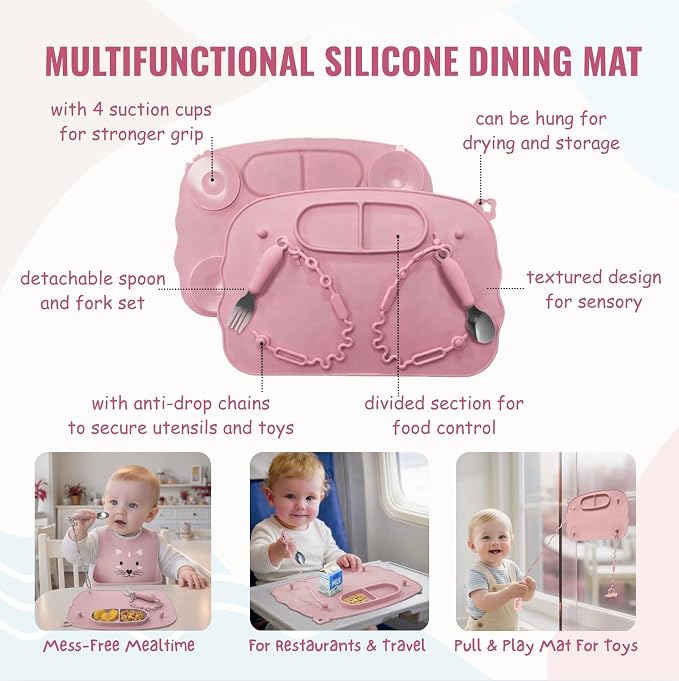 MONDE 25PCS Ultimate Silicone Baby Feeding Set, Complete Mealtime Baby-Led Weaning Essentials From Infant To Toddler, Bib, Smock, Sippy Cup, Dry Wet Bag, Placemat, Perfect Premium Gift Set (Pink)