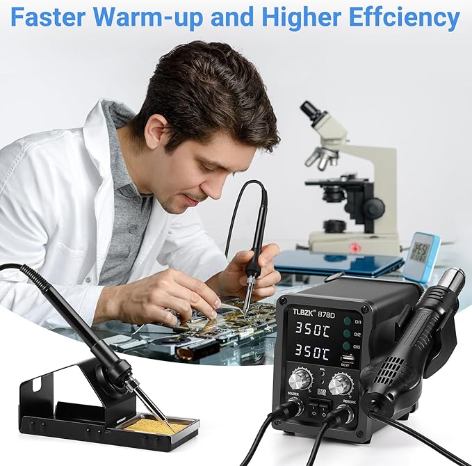 878D 2-in-1 Hot Air Soldering Iron Station Kit for Rework, Desoldering Pump, 5 Soldering Tips, 3 Hot Air Nozzles,Tweezers, IC extractor