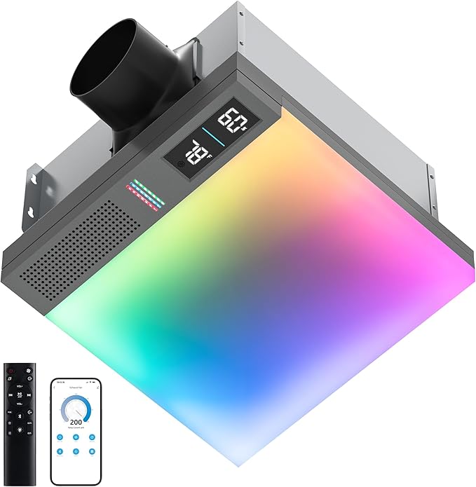 VallisCo Bathroom Exhaust Fan with Light, Bluetooth Speaker, Odor & Humidity Sensors, 230 CFM Quiet Ceiling Fan with 3 Dynamic RGB Lighting, 3CCT - Remote App Control - Compatible with Alexa