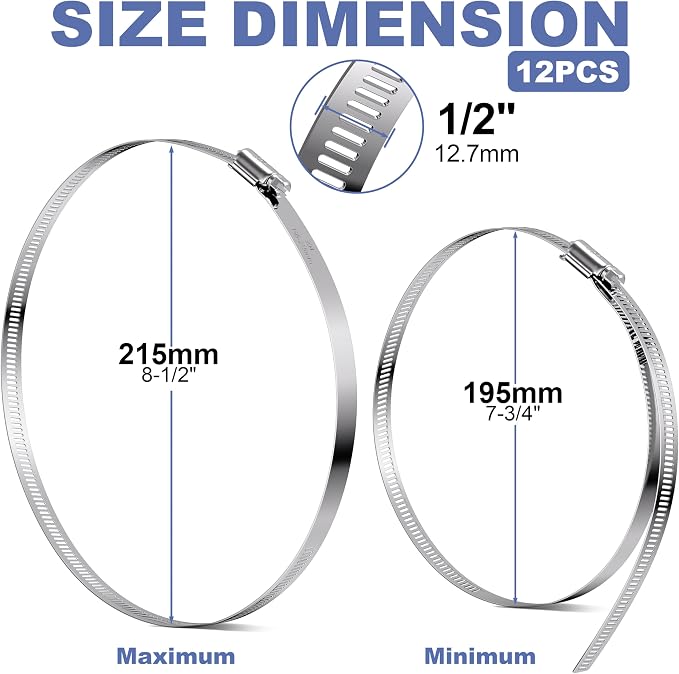 12Pack 8 inch Hose Clamps,Stainless Steel Large Hose Clamp Adjustable from 7-3/4"-8-1/2"/195-215mm,Metal Worm Gear Duct Clamp for Dryer Vent Hose,Fuel Line,Plumbing,Automotive,Exhaust,Radiator