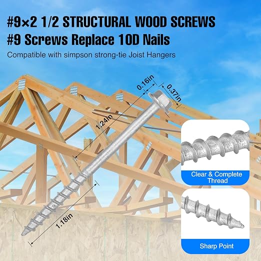 200-QTY #9 x 2-1/2" Joist Hanger Connector Screws,Replace 9212R200 Joist Hanger Screws & 10DNails,1/4" Hex Socket Wood Screws 0.370"-Dia Deck Screw Heavy‑Duty Deck Screw 500-Hour Salt Spray Rust Test