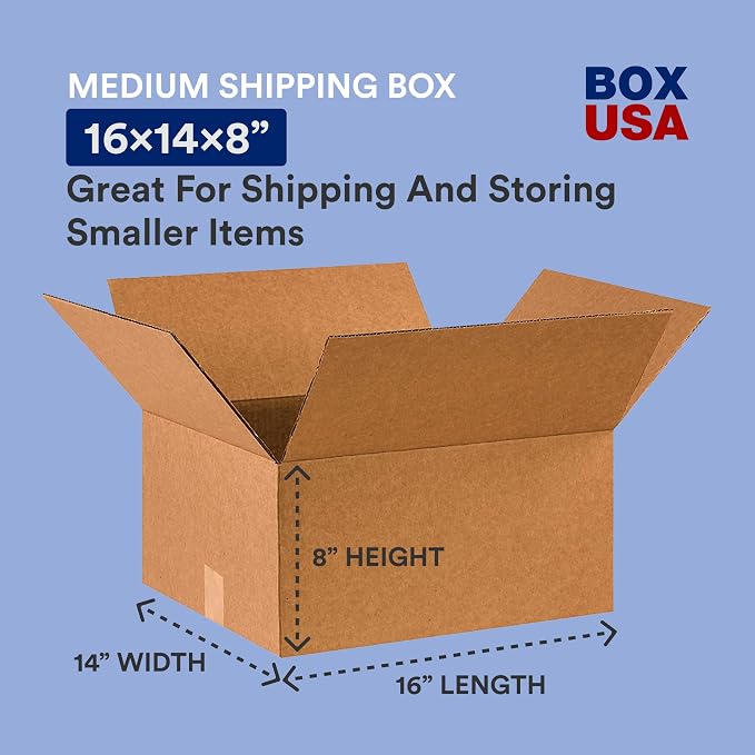 BOX USA Shipping Boxes 16"L x 14"W x 8"H, 25-Pack Medium Corrugated Cardboard Boxes for Shipping, Mailing, Packing, Packaging and Storage