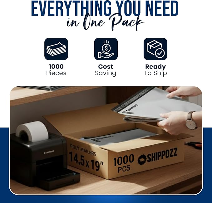 Shippozz 14.5x19 Poly Mailers 1000 Pack, Durable Waterproof Polymailers for Shipping Clothes, Self Seal Mailing Bags for Small Business Packaging Supplies, Mailing Envelopes for Books, and Accessories