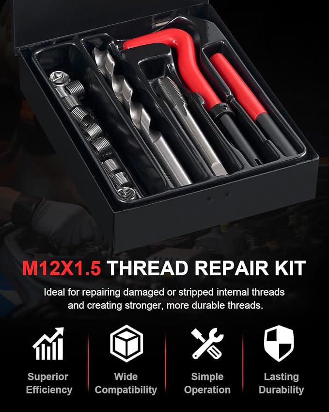 Kolvoii M12×1.5 Helicoil Thread Repair Kit, Metric M12 Helicoil kit with HSS Drill Bit, Tap & Stainless Steel Inserts for Oil Pan, Transmission & Industrial Machinery