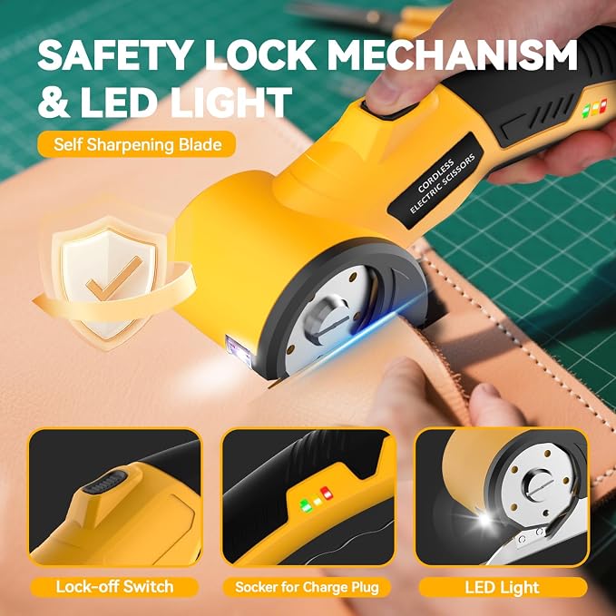 Cordless Electric Scissors,4V Rechargeable Cardboard Cutter Heavy Duty Scissor with Safety Lock & LED Light for Box Carpet Plastic Fabric(Yellow)