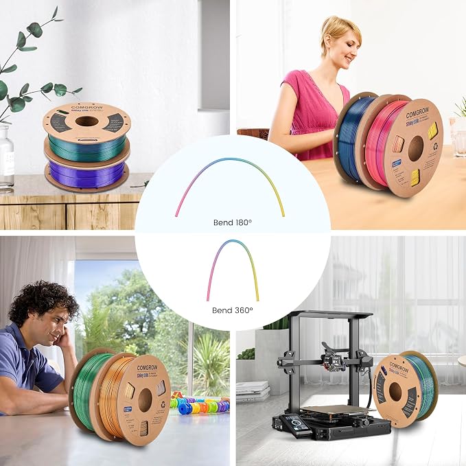 Comgrow Tri-Colors Silk PLA 3D Printer Filament, Rainbow PLA Filament 1.75mm, Dimensional Accuracy +/- 0.02 mm, 1KG Spool, Coextrusion 3D Filament with Shiny Silk Copper-Green-Purple