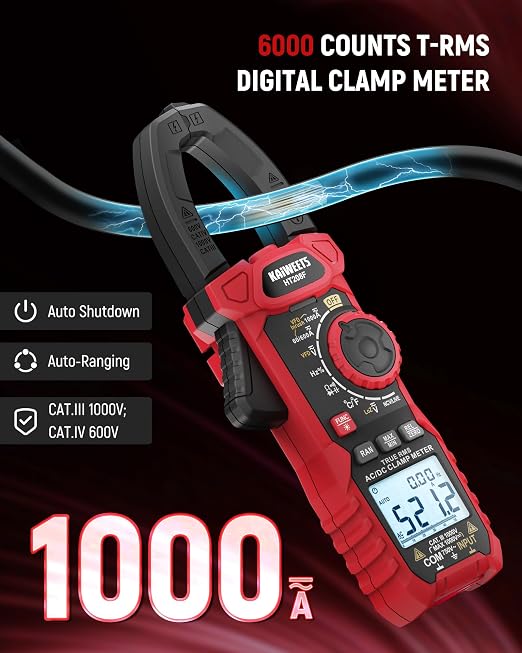 KAIWEETS HT208F Inrush Digital Clamp Meter 1000A and KAIWEETS KET01 Silicone Multimeter Test Leads with Gold-Plated Probes, 48 inch Long