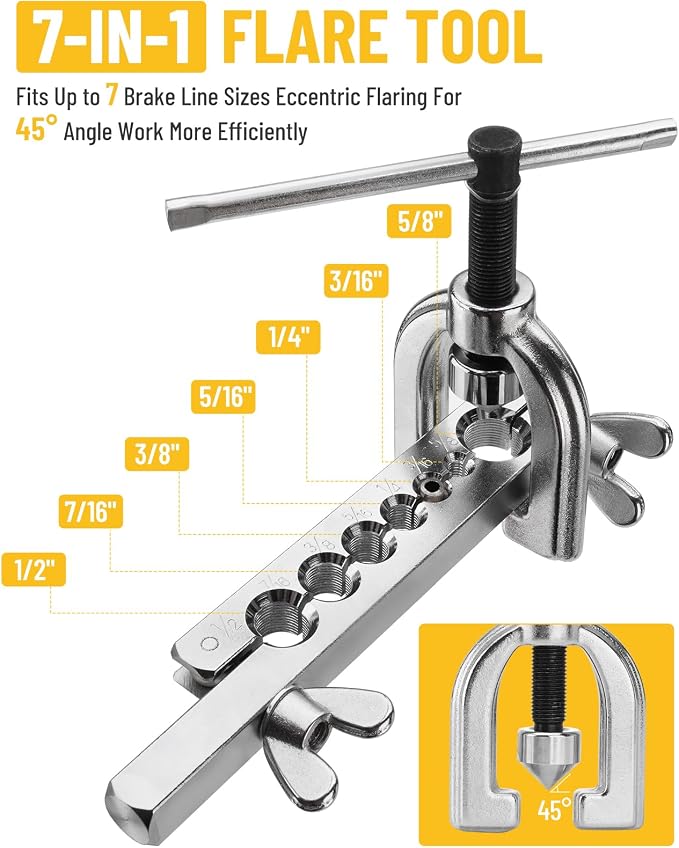 25 ft 3/16in Zinc-Plated Brake Line Flaring Tool Kit, Includes 3-in-1 Tube Bender, Double & Single Flaring Tool Set, 1 Tube Cutter, 2 Threads Unions, 20 Fittings
