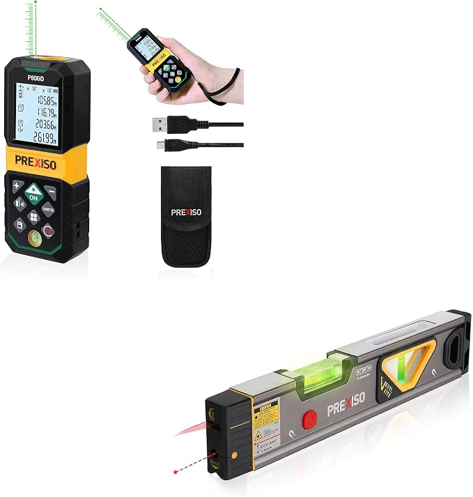PREXISO Laser Measure Rechargeable, 265Ft Green Beam Laser Measurement Tool & PREXISO 2-in-1 Laser Level Spirit Level with LED Lights, 32Ft Line and 98Ft Point
