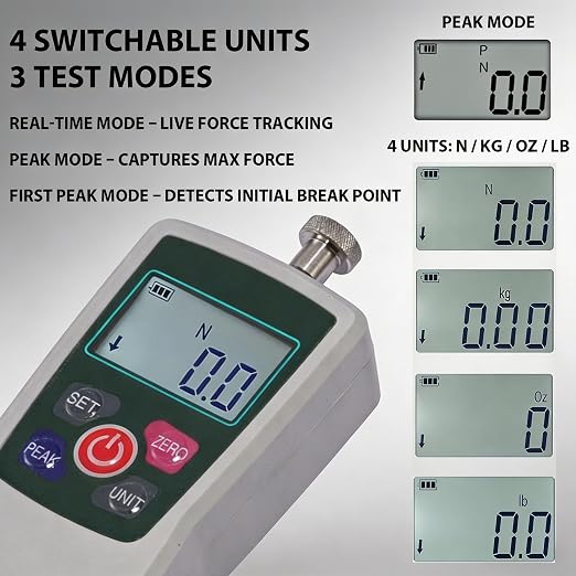 500N Digital Force Gauge & Manual Test Stand Kit, Push Pull Gauge with N/Lb/Kg/Oz Units, 250mm/9.8 inches Stroke Test Stand with 1 Pcs Test Clamp for Tension Tests in Lab, School, Industry