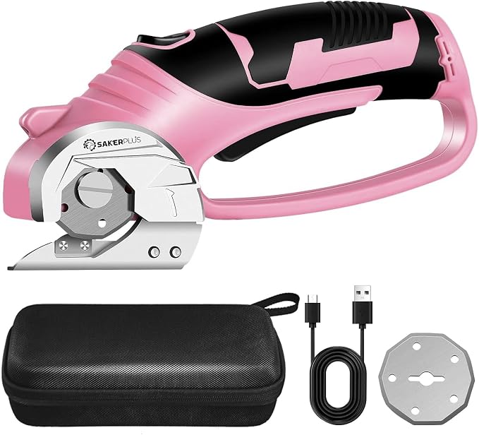 SakerPlus Cordless Electric Scissors,4V Rechargeable Cardboard Box Cutter Heavy Duty Fabric Scissor with Safety Lock & LED Light,Power Rotary Cutter for Leather Carpet Plastic Cutting,Sewing,Crafting