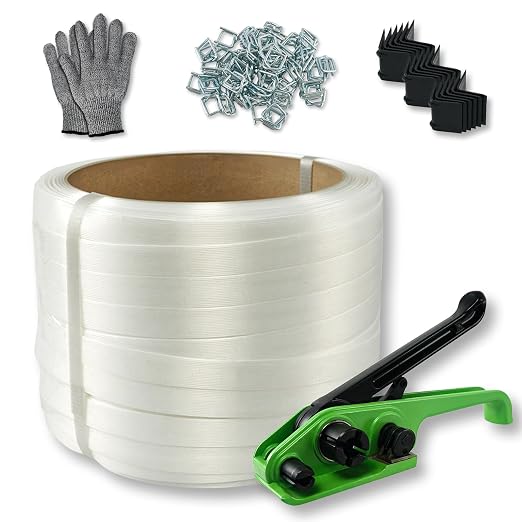 Banding Strapping Kit with 3/4" x 330 ft Composite Cord Band 100 Galvanized Wire Buckles 50 Edge Protectors Tensioner Tool Glove for Pallet Box Packaging
