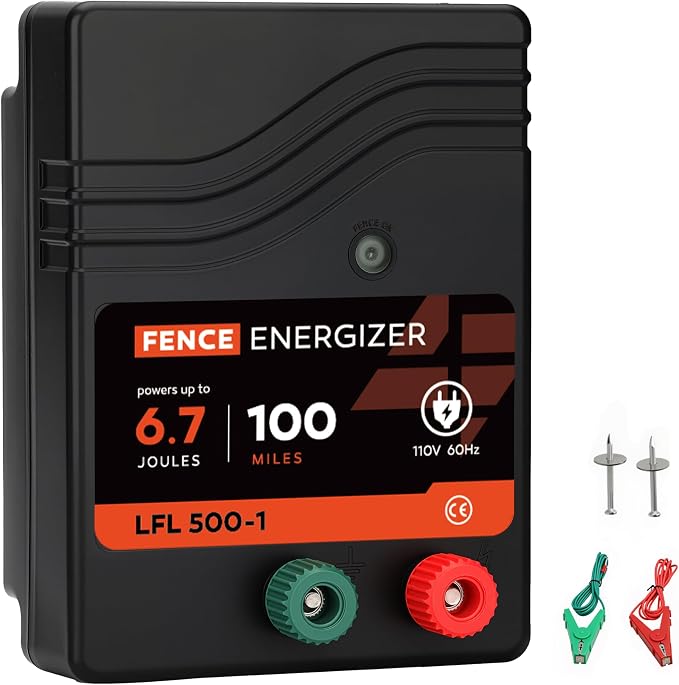 Electric Fence Charger AC Powered 100 Miles 300 Acres, 110 Volt 6.7 Joule Plug-in Electric Fence Energizer, Output Voltage Max 10.2 kV for Livestock, Preventing Predators from Intruding