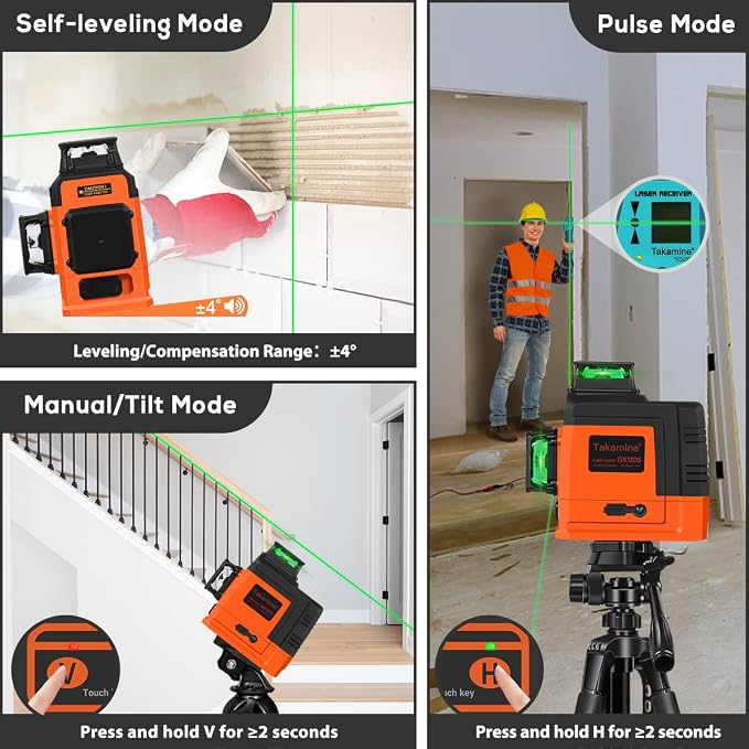 Takamine 12 Lines Laser Level Self Leveling 3x360° 3D Green Cross Line for Construction/Picture Hanging, Remote Controller, Magnetic Stand and portable bag