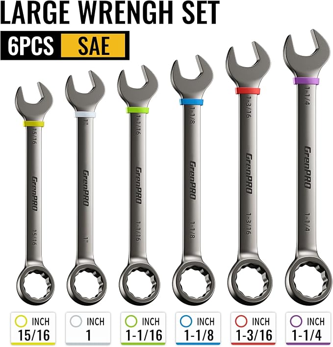 GRENPRO 15/16"-1-1/4" Large SAE Wrench Set, Combination Open End Wrench Set | Color Rings, Roll Up Pouch, Nickel Rust-Proof Coating, CRV Steel, Free Gauge for Quick Size Matching