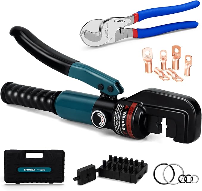Hydraulic Crimping Tool and Cable Cutter, 12 AWG to 00 (2/0), Electrical Terminal Cable Wire Tool Kit with 9 Die Sets and 6pcs Ring Terminals