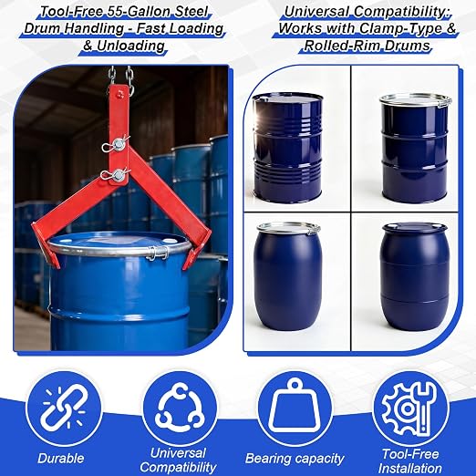 Vertical Drum Lifter 55 Gallon, 1100 Lbs Capacity Clamp for Steel & Plastic Barrels, Heavy Duty Material Handling Equipment, Secure Hydraulic Drum Grabber (Standard)