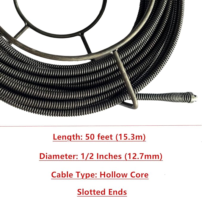 Drain Cleaning Cable 1/2 inch x 50 ft, Hollow Core Steel Sewer Cable with 8 Cutter for 2" to 4" Pipes, Sewer Auger Cleaner Cable for Sink, Floor Drain, Toilet (50 Feet x 1/2 Inch)