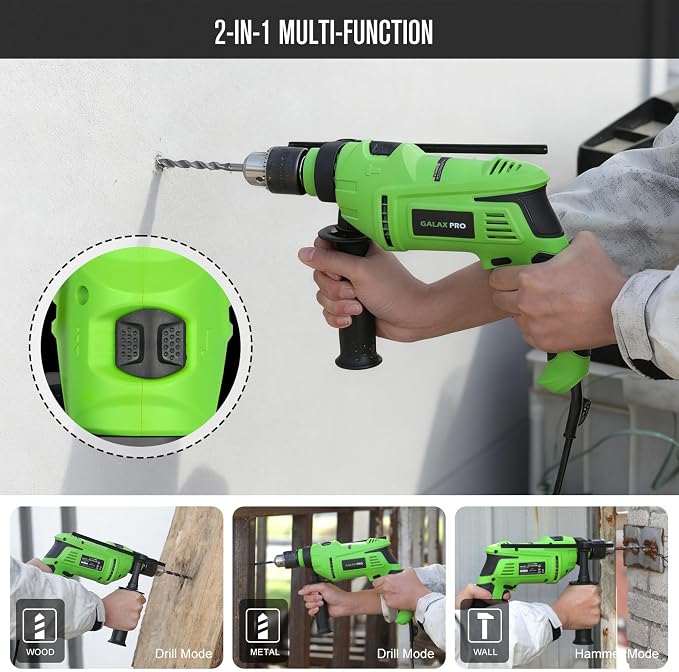 GALAX PRO 7Amp 850W 2-in-1 Hammer Drill, 0-3000 RPM, 13 mm Metal Chuck | 360° Adjustable Auxiliary Handle, Comes with 13 Accessories, Suitable for Concrete, Metal, and Wood