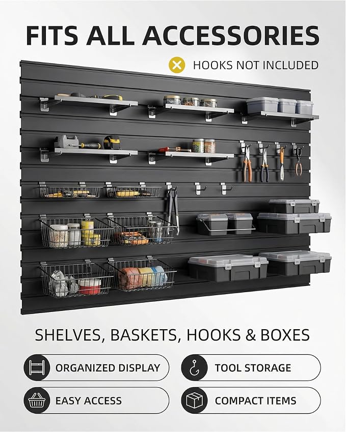 FRAYSCENT Slat Wall Paneling Garage Slat Wall Storage Systems Slatwall Panels Power Tool Organizer Wall Mount, PVC Garage Storage & Organization Products Slate Board (Black, 8ftx4ft with 2H Trim)