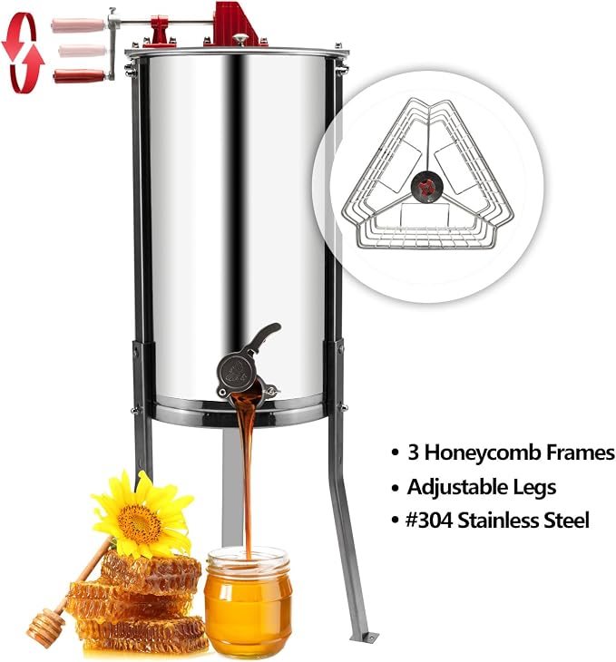 VINGLI Upgraded 3 Frame Honey Extractor Separator, Food Grade Stainless Steel Honeycomb Spinner Drum Manual Crank with Adjustable Height Stands,Beekeeping Pro Extraction Apiary Centrifuge Equipment