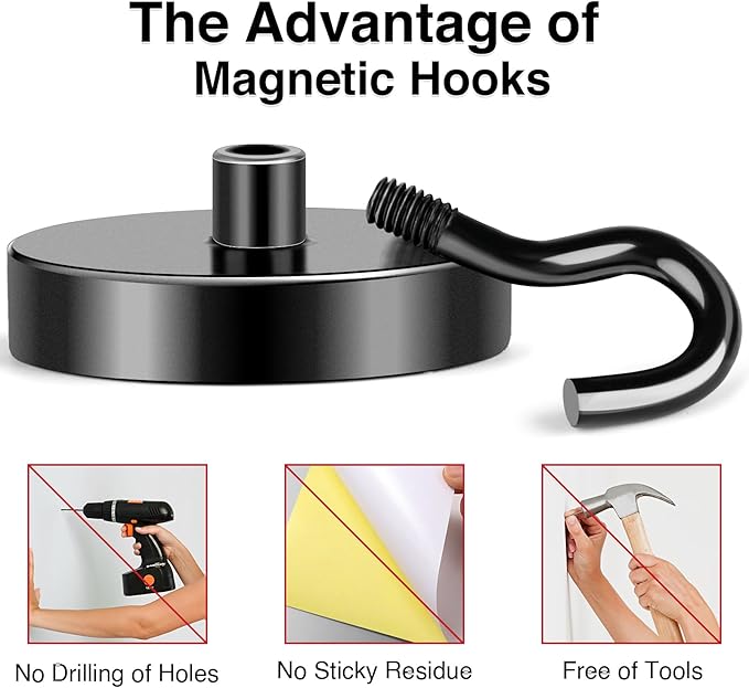 MIKEDE Magnetic Hooks 150LB Super Strong Magnet Hooks | Heavy Duty for Cruise Essentials Black Neodymium Earth Magnets with Hook for Hanging Metal Hanger for Fridge Toolbox 4 Pack