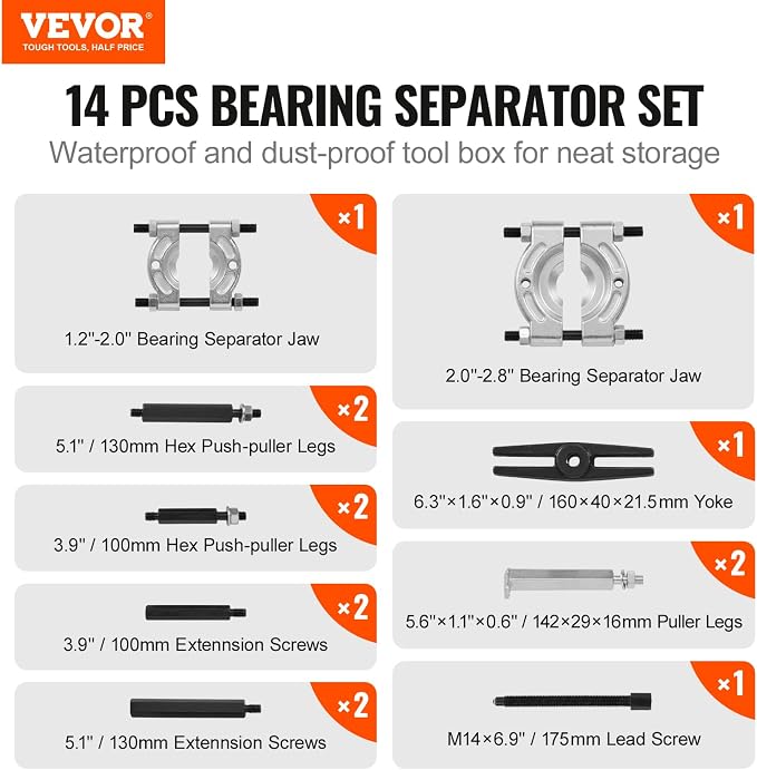 VEVOR Bearing Puller Kit 14-Piece, 5 Ton Bearing Separator, Pinion Wheel Bearing Removal Kit with 2" and 3" Jaws, Bearing Separator and Puller Set, Heavy Duty Bearing Splitter Tool Kit with Case