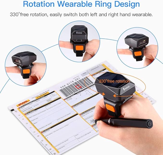 Eyoyo 2D Finger Ring Barcode Scanner, Mini Wearable 3-in-1 USB Wired & 2.4G Wireless & Bluetooth Scanner, Image 1D QR Bar Code Reader PDF417 Data Matrix Screen Scan Compatible with iPad, Phone, PC