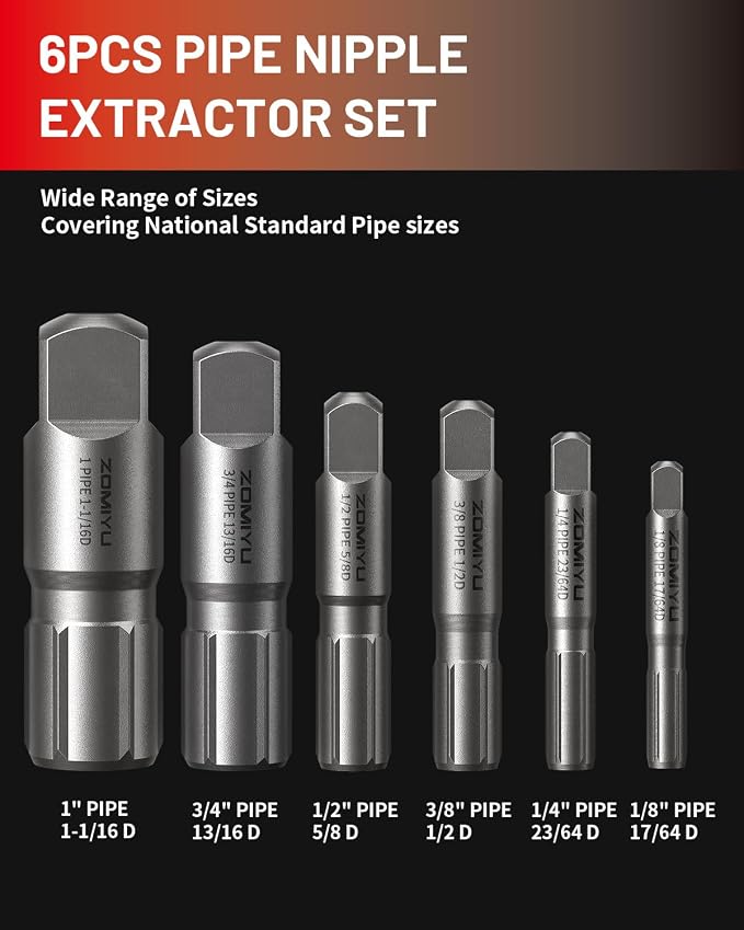 Pipe Extractor Set,Heavy Duty Steel Broken Pipe Extractors for Removing Damaged Threaded Pipes & Fittings from 1/8" to 1",with Durable Storage Case, Ideal Tools for Plumbers Mechanics DIY（6-Piece）