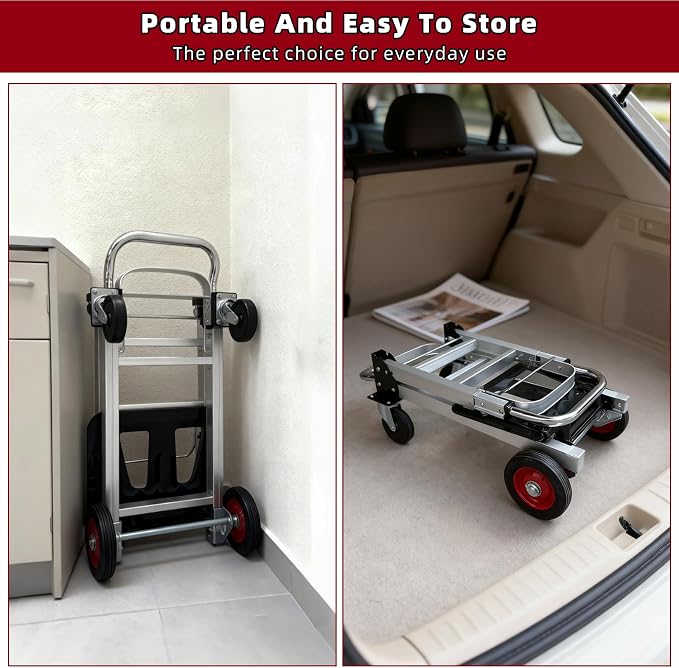 Aluminum 3-in-1 Folding Hand Truck, 500Lbs Heavy Duty Dolly Cart with 2 Large 6-Inch Quiet Rubber Wheels, 2 360° Swivel Wheels, 2 Bungee Cords, Portable Dolly for Home, Office, Warehouse, Packages