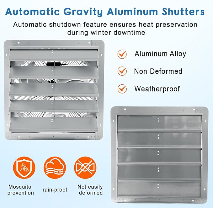 Garvee 20 In Shutter Exhaust Fan, Wall Mounted Shutter Exhaust Fan Aluminum, 3500 CFM High Speed Louvered Vent Fan with Automatic Shutter for Garage, Attic, Workshop, Greenhouse