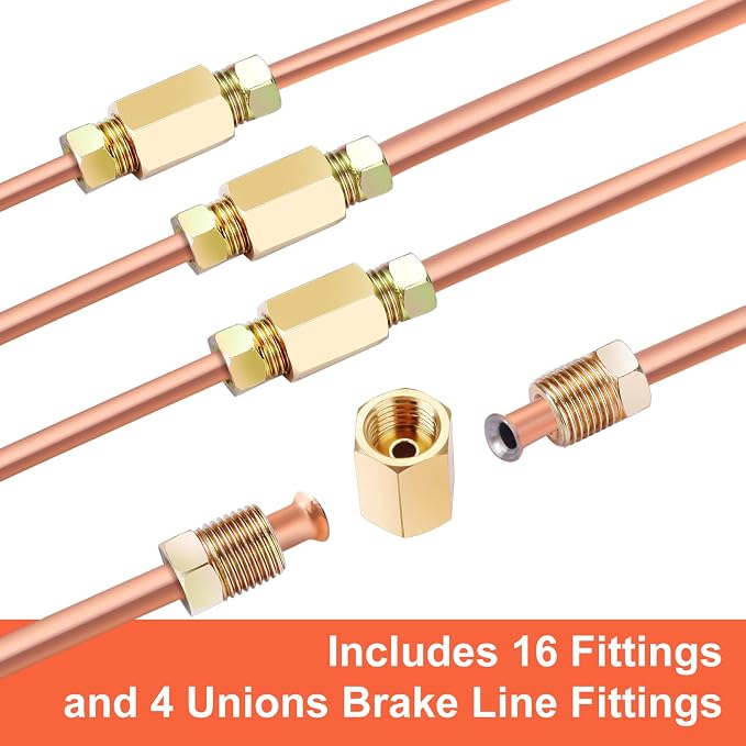 3/16" Brake Line - Easy to Bend Tubing - 25 ft 3/16 Copper Coated Brake Line + 16 x Brake Line Fittings and 4 x Threads Unions