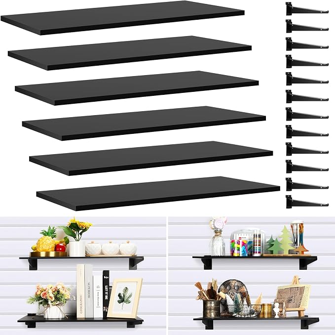Barydat 6 Sets 23.6 x 11.8 Inch Slatwall Shelves with Metal Brackets Set Heavy Duty Slat Wall Knife Shelf Bracket Accessories Wall Organizer for Garage and Retail Display, Black