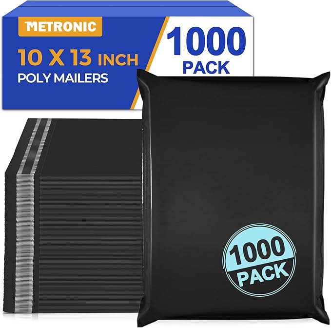 Metronic Poly Mailers 10X13 1000 Pack, Bulk Shipping Bags Heavy Duty Self Seal Waterproof Tear Weather Resistant Medium Mailing Envelopes, Packaging bags for Small Business, Boutique, Clothing,Black