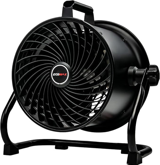 ECOMAX 10-Inch Drum Fan, 900CFM 3-Speed Industrial Floor Fan with 360° Tilt Head, 85W 120V Aluminum Blade Shop Fan for Garage Workshop Basement Patio, UL Certified, 8.6 LBS