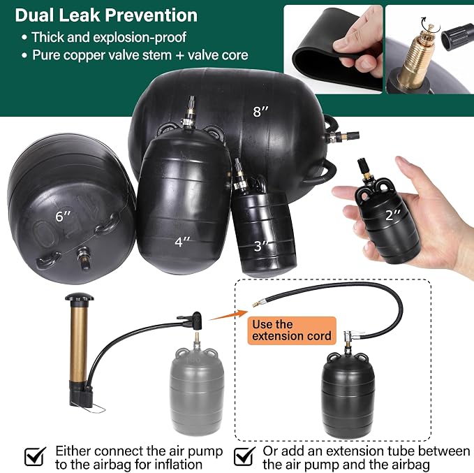 8 Inch Inflatable Pipe Plug Kit with Fast Air Pump & Extension Hose, Heavy Duty Rubber Sewer Test Ball with Safety Chain & Valve Tool for Drain Blocking & Leak Testing(Fits 7.8"-8.2" Pipes)