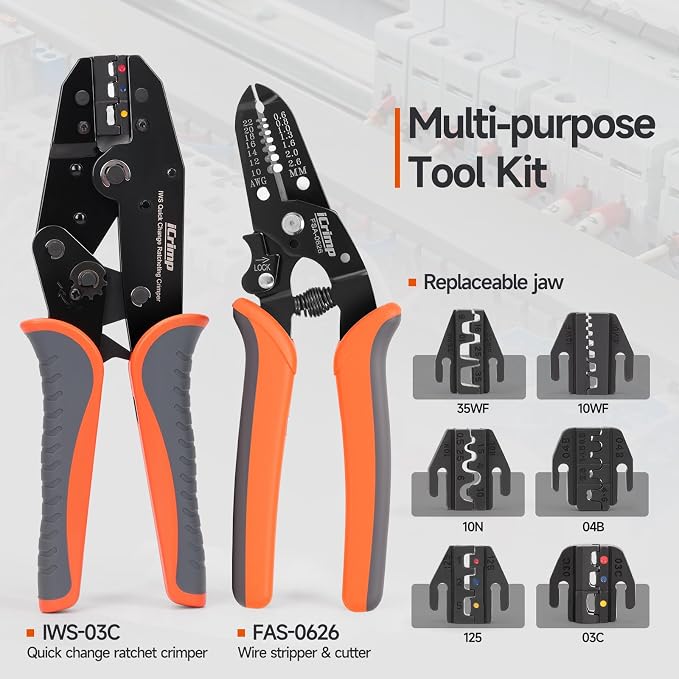 iCrimp Ratcheting Crimping Tool Set 8 PCS - Quick Exchange Jaw for Heat Shrink, Open Barrel, Insulated and Non-Insulated Ferrules AWG 20-2