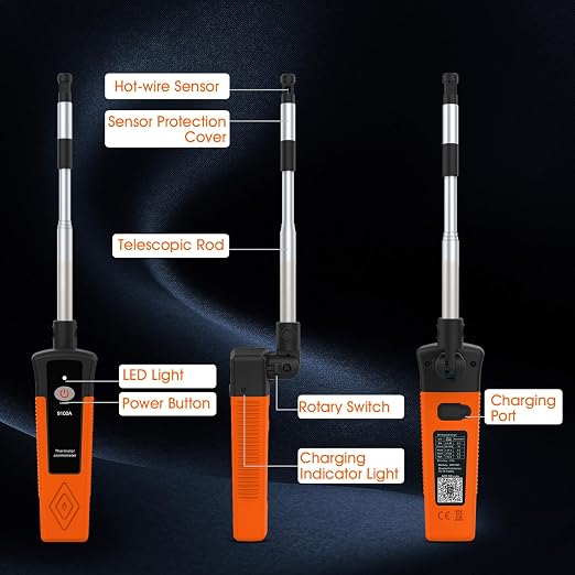 Hotwire Anemometer Handheld for Air Celocity, in-Duct Airflow and Temperature, HVAC Wind Speed Meter with Revolve Telescopic Probe, Bluetooth App, Digital Air Flow Meter CFM Meter GR-9100A