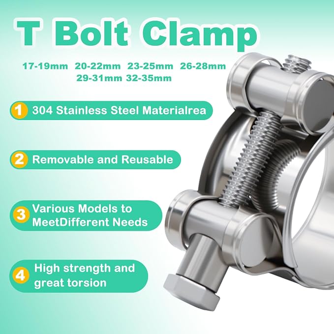 T-bolt Hose Clamps - 32PCS 17-35mm Stainless Steel Hose Clamp Assortment 6-Sizes Heavy Duty Adjustable Tube Clamps with M8 and M10 Socket Wrenches