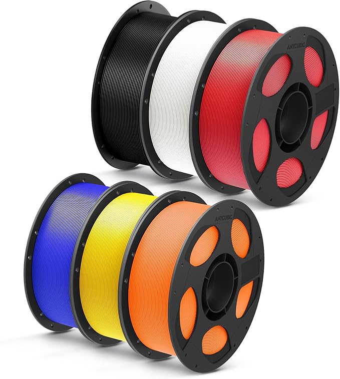 ANYCUBIC PLA Plus (PLA+), 3D Printer Filament 1.75mm Bundle, High Toughness, 1KG Reusable Spool, Black, White, Red, Blue, Yellow, Orange, 6KG in Total
