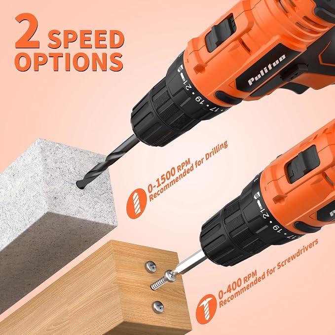 PULITUO 20V Cordless Drill/Driver, 2 Batteries Electric Screwdriver, 30Nm Power Drill Driver, 21+1 Torque, 2 Speed, 3/8"Keyless Chuck, power Drill with LED Light, Drill Driver Kit for Home (Orange)