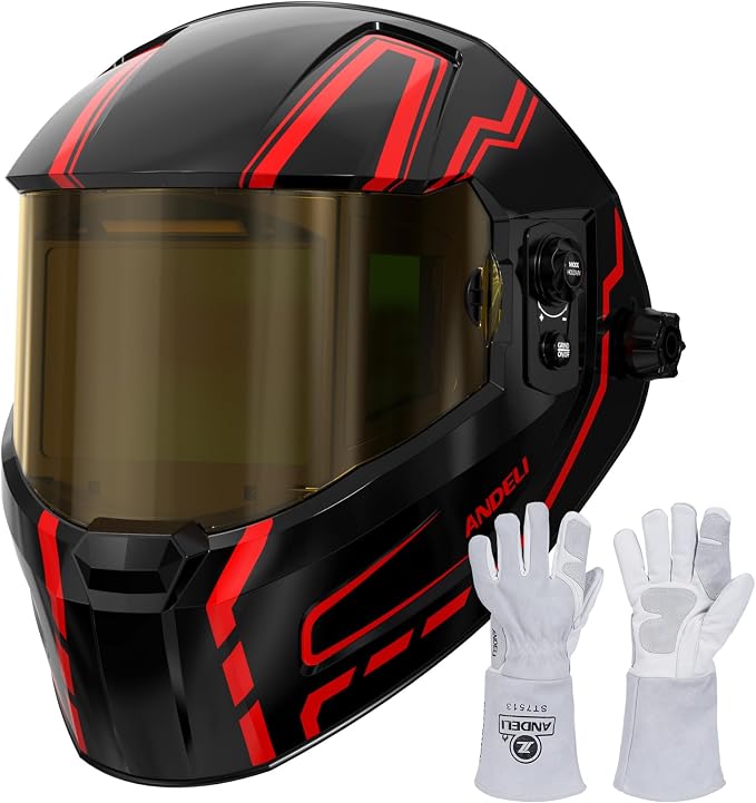 ANDELI Welding Helmet - Panoramic 180° View 4.53"X3.23",1/1/1/2 True Color Solar Powered Welder Hood，Wide Shade Welder Mask for TIG MIG ARC Cut and Grind，OPTIM-600LB-TGB with Welding Gloves