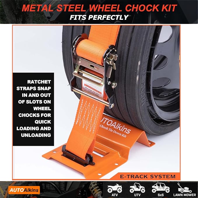 Wheel Chock Tie Down Kit, 4,400lb Break Strength — 4 Heavy Duty E-Track Tire Ratchet Straps & 8 Steel Wheel Chocks, Complete Trailer Tie Down System for ATV, UTV, Lawn Mower & SxS (Orange)