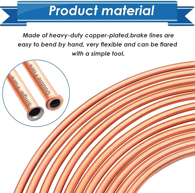 3/16inch x 25 ft Brake Line Tubing Kit Flexible Copper Coated Alloy Brake Line Tubing Coil with 18 Inverted Flare Fittings and 1 Unions SAE Standard