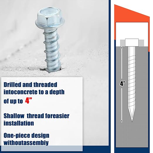 Tandefio 80 Pack 3/8" x 4" Concrete Screw Anchor Galvanized Large Diameter Heavy Duty Plated Concrete Anchors for Masonry Brick Anchoring Block Decking Framing Hex Drive
