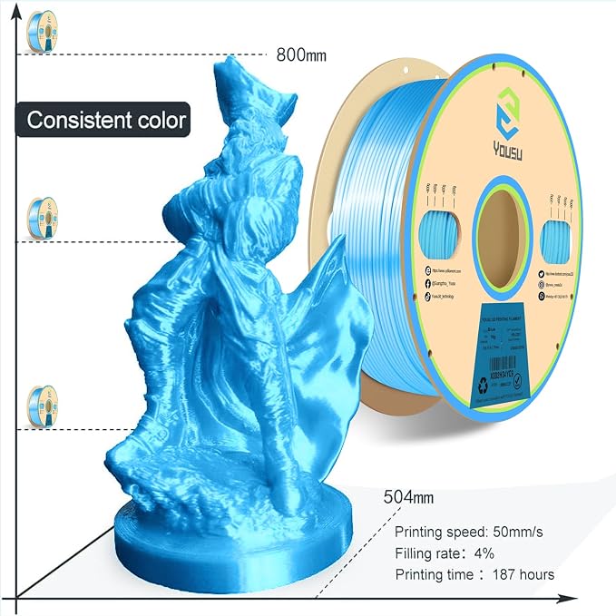 YOUSU Silk Blue PLA 3D Printer Filament 1.75 mm 1KG 2.2 LBS Spool 3D Printing Material Shine Silky Shiny Metallic Metal PLA Filament.