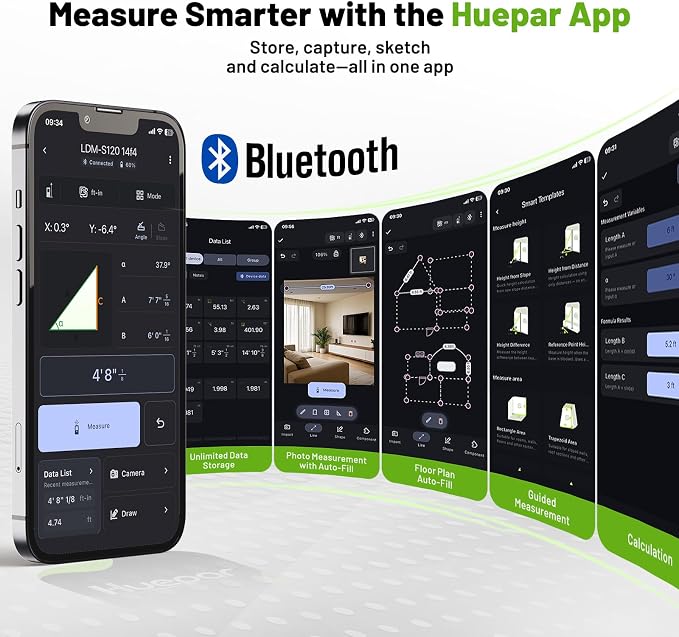 Huepar 200Ft Bluetooth Laser Measuring Tool S60-BT, APP Control, Rechargeable USB-C Laser Distance Meter, ±1/16" High Accuracy, Angle Sensor, IP54, for Distance/Area/Volume, Gifts for Men